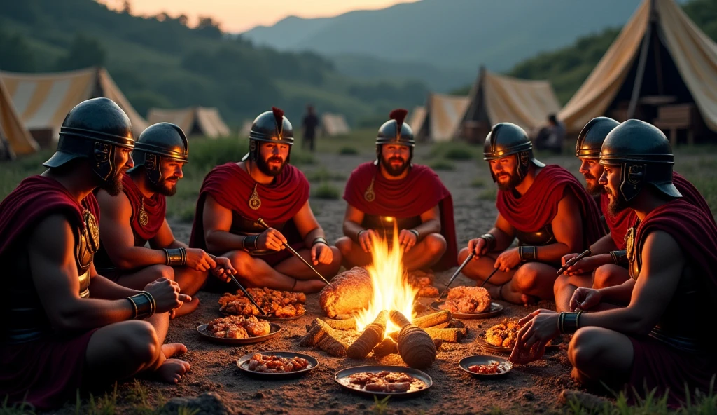 Roman soldiers eating roast pork