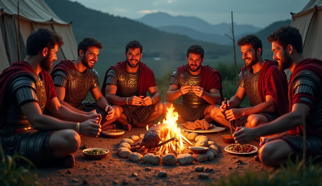 Roman soldiers eating roast pork