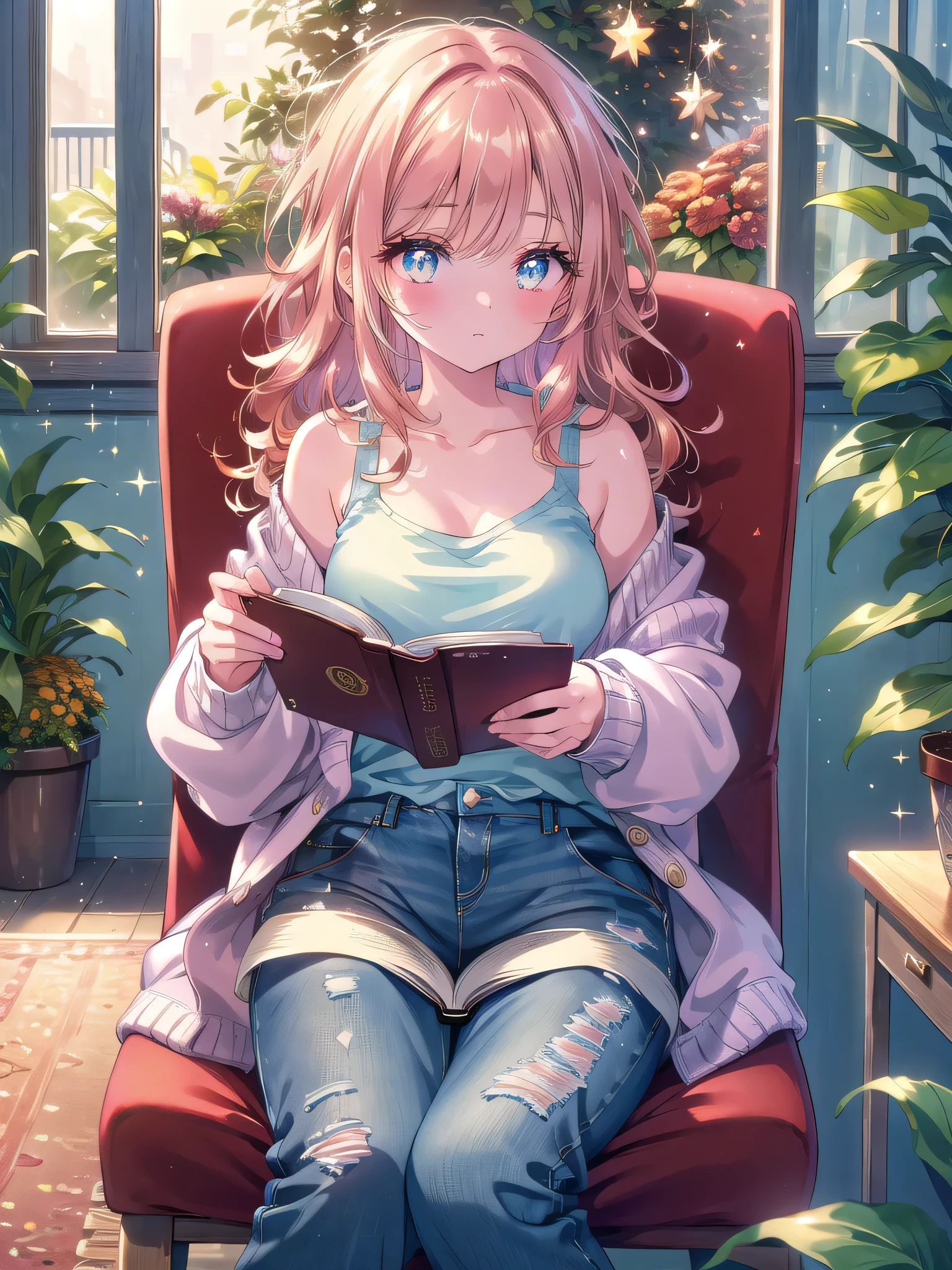 ((8k, Highest quality, masterpiece: 1.3)),Ultra-high resolution,(1 girl, alone), (Color changing eyes, Ultra-detailed, Expressive brilliance, Glitter, Glowing Eyes), Highly detailed eyes, Highly detailed face, Random Hair, ((pastel colour))Sitting on a small balcony surrounded by potted plants with hints of autumn colors, a woman with wavy, chestnut hair wears a cozy, oversized cardigan over a simple tank top and jeans. She’s curled up in a chair, reading a book as a cool breeze gently lifts her hair. She glances up from the book with a content, slightly dreamy expression as she catches sight of the camera.
