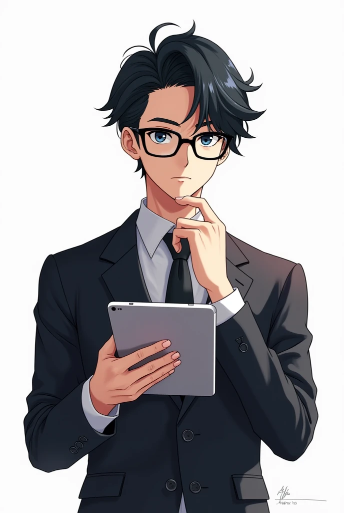 Black hair male teacher, black eyes, wearing glasses, holding an iPad, anime image, white background