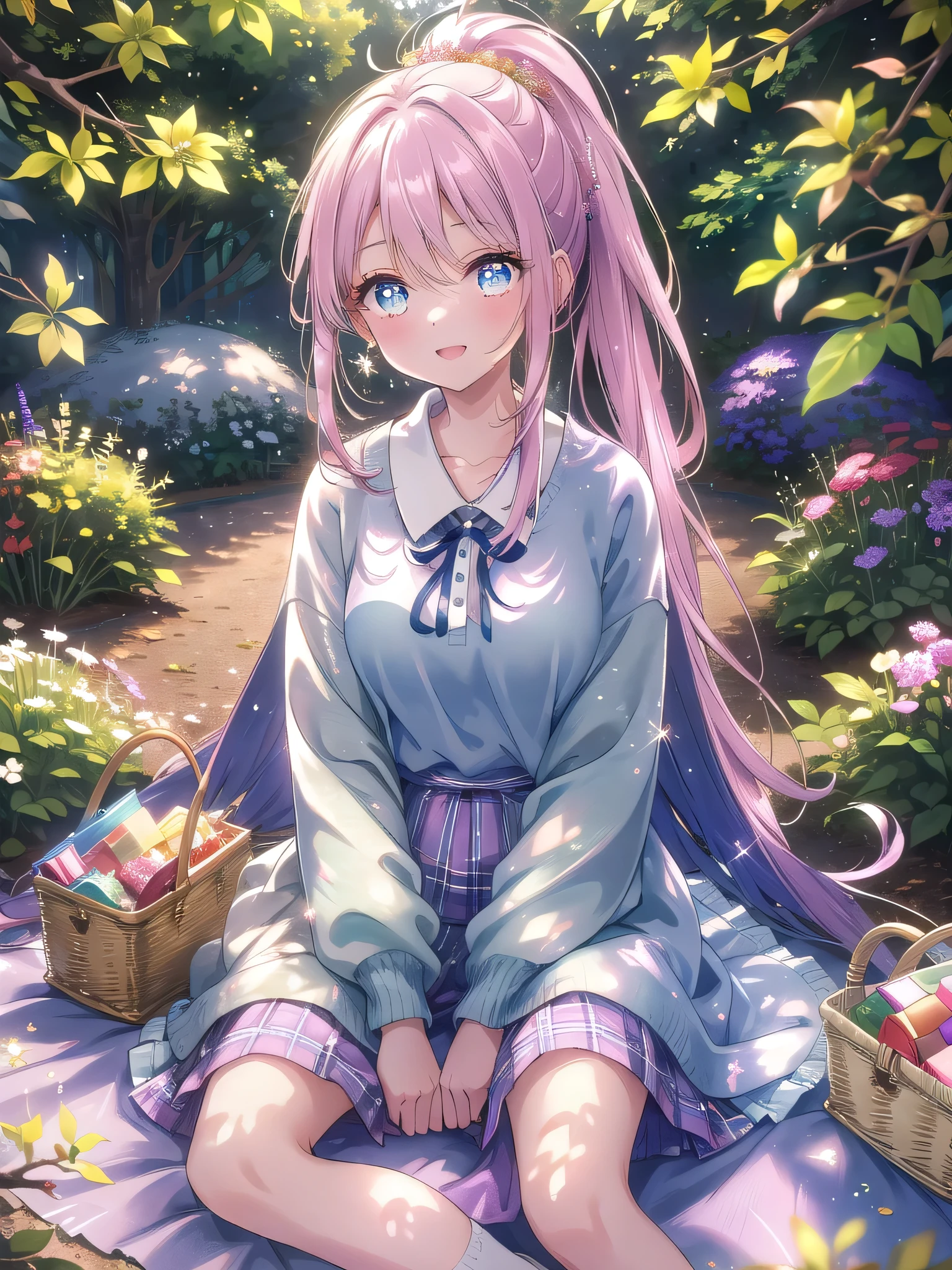 ((8k, Highest quality, masterpiece: 1.3)),Ultra-high resolution,(1 girl, alone), (Color changing eyes, Ultra-detailed, Expressive brilliance, Glitter, Glowing Eyes), Highly detailed eyes, Highly detailed face, Random Hair, ((pastel colour))Picnic in the Park: Underneath a large tree with leaves beginning to change, a woman with dark, straight hair pulled back in a low ponytail enjoys a picnic. She wears a light sweater over a floral skirt. The picnic blanket is laid out with a basket and some food. She sits cross-legged, laughing as she looks at the camera, holding a cup of tea in her hands. The sunlight filters through the branches, creating a dappled light effect.