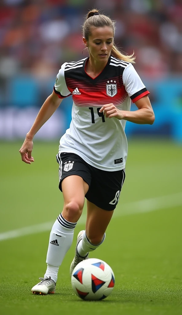 A very beautiful woman dribbling, Germany national team uniform, whole body