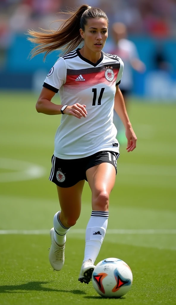A very beautiful woman dribbling, Germany national team uniform, whole body