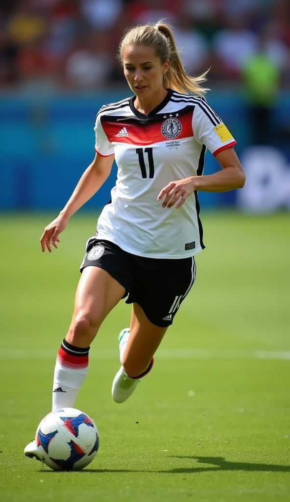 A very beautiful woman dribbling, Germany national team uniform, whole body