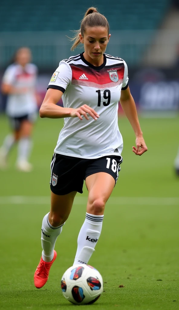 A very beautiful woman dribbling, Germany national team uniform, whole body