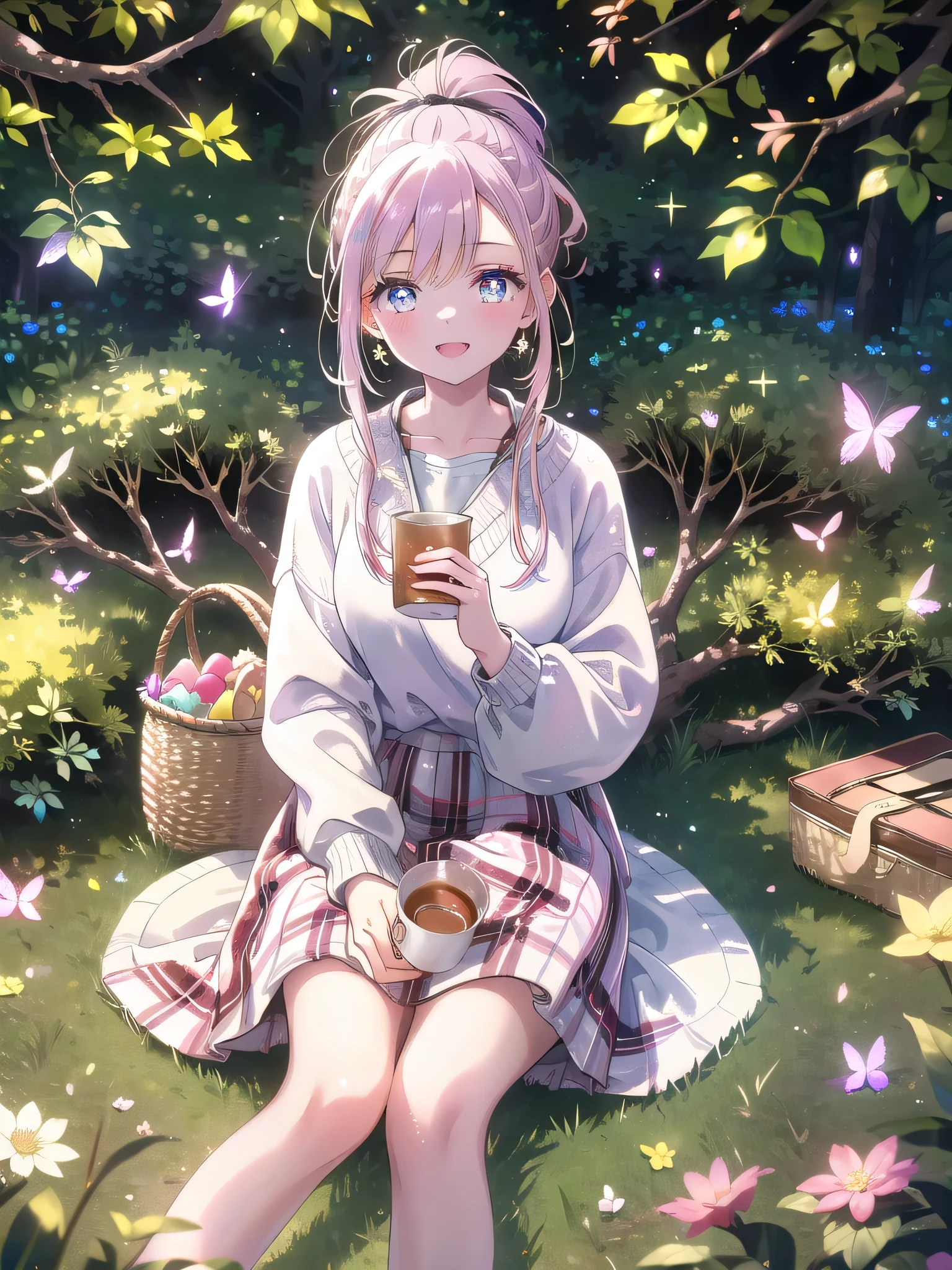 ((8k, Highest quality, masterpiece: 1.3)),Ultra-high resolution,(1 girl, alone), (Color changing eyes, Ultra-detailed, Expressive brilliance, Glitter, Glowing Eyes), Highly detailed eyes, Highly detailed face, Random Hair, ((pastel colour))Picnic in the Park: Underneath a large tree with leaves beginning to change, a woman with dark, straight hair pulled back in a low ponytail enjoys a picnic. She wears a light sweater over a floral skirt. The picnic blanket is laid out with a basket and some food. She sits cross-legged, laughing as she looks at the camera, holding a cup of tea in her hands. The sunlight filters through the branches, creating a dappled light effect.