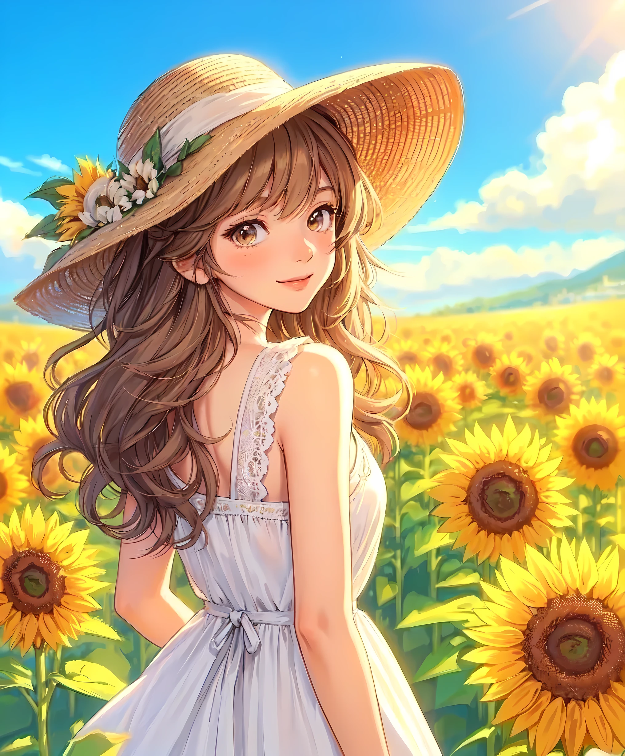 1lady solo, (looking back) (from behind), stylish outfit (refreshing attire), (sundress) (straw hat), (mature female:0.8), /(beige brown hair/) bangs, blush kind smile, (masterpiece best quality:1.2) delicate illustration ultra-detailed, large breasts BREAK (vibrant sunflower field) outdoors, blue sky, sunlight, detailed background