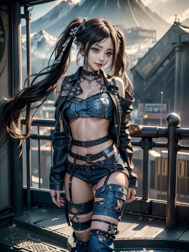 (Beautiful lips and nose:1.4)、(Long eyelashes:1.4)、(Smiling with teeth showing:1.3),(Shibuya Gal:1.5)、(Goth delicate embellished dress:1.5)、(Tattered denim and black punk rock cargo pants:1.5)、(Denim and black navy skull mark small jacket:1.4)、(denim garter belt:1.5)、(Black and denim knee socks:1.3)、(Skull Silver Accessories:1.5)、(Denim collar:1.3)、(Brown Skin Belt:1.4)、(Brown boots:1.2)、(The underwear is striped:1.4)、3、((Highest quality、In 8K、masterpiece:1.3))、Sharp focus:1.2、(Layered Cut、Huge boobs:1.1),Beautiful woman with perfect figure:1.4、(Dancing vigorously:1.3)、Slender Abs:1.2、Highly detailed face and skin texture、Detailed eyes、double eyelid,(Twin tails:1.3)、(Brown-golden hair:1.3)、Gravure idol、(The background is a vast mountain with a clear view々Beautiful luxury resort destination in Europe:1.3)、(Slim Body:1.2),(Make your legs thinner:1.4),(clavicle:1.1)