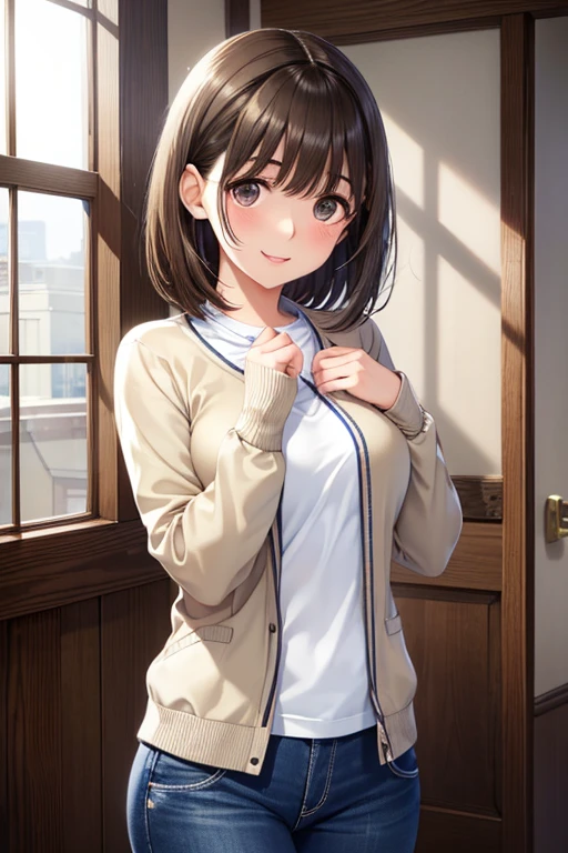 anegasaki nene、Shiny brown hair, short hair, (Beautiful brown eyes、Sparkling eyes, Fine grain)、smile、Ultra-detailed eyes、非常にDetailed face, Highly detailed eyes,Cowboy Shot、



Open the chest、Blue cardigan、Denim pants、Laughter、room、8k、Delicate face、Detailed face、Simple Background