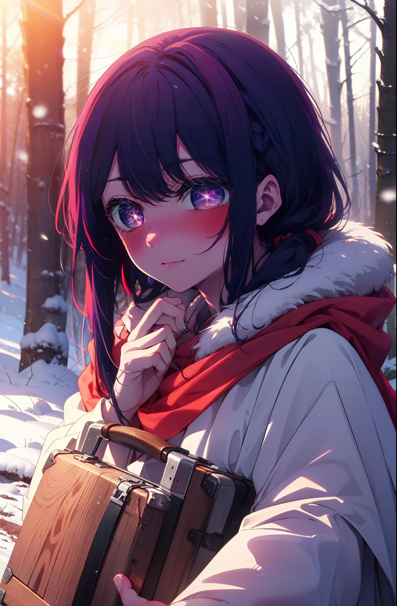 aihoshino, Ai Hoshino, Long Hair, bangs, (Purple eyes:1.1), Purple Hair, (Symbol-shaped pupil:1.5), smile,,smile,blush,white breath,
Open your mouth,snow,Ground bonfire, Outdoor, boots, snowing, From the side, wood, suitcase, Cape, Blurred, , forest, White handbag, nature,  Squat, Mouth closed, Cape, winter, Written boundary depth, Black shoes, red Cape break looking at viewer, Upper Body, whole body, break Outdoor, forest, nature, break (masterpiece:1.2), Highest quality, High resolution, unity 8k wallpaper, (shape:0.8), (Beautiful and beautiful eyes:1.6), Highly detailed face, Perfect lighting, Extremely detailed CG, (Perfect hands, Perfect Anatomy),