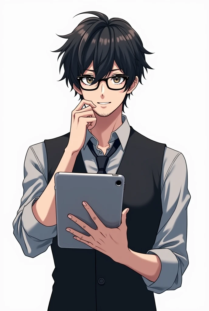 Black hair male teacher, black eyes, wearing glasses, holding an iPad, anime image, white background