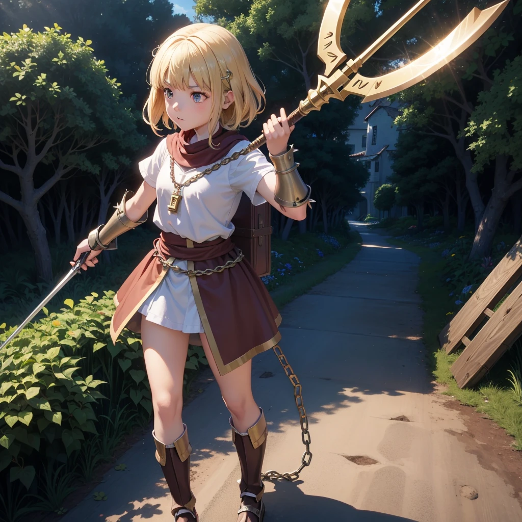 最high quality、high quality、Simple Cloth Armor、10Year-old girl adventurer、Equipped with a weapon that has a short chain at the end of a stick and a spiked iron ball at the end of the chain、In a dark maze
