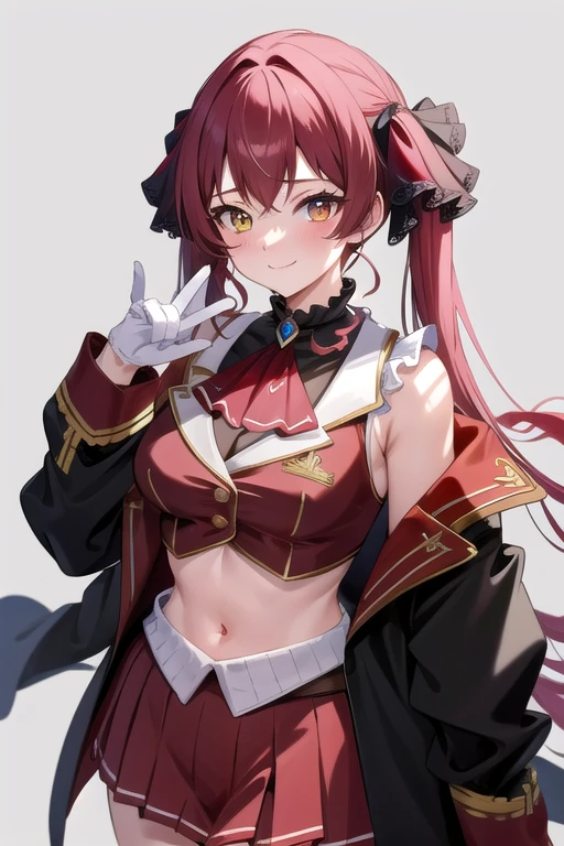 masterpiece, Highest quality, Absurd, Perfect Anatomy, houshoubase, One person, alone, Heterochromia iridis, Red eyes, Yellow Eyes, Twin tails, Long Hair, Hair Ribbon, Large Breasts, White gloves, Frilled Chalk, Red Ascot, leotard, leotard under clothes, Red jacket, Cropped jacket, Sleeveless jacket, Black coat, Off the shoulder, Diagonal, Red Skirt, mini skirt, Leather Belt, Black knee socks, Are standing, smile