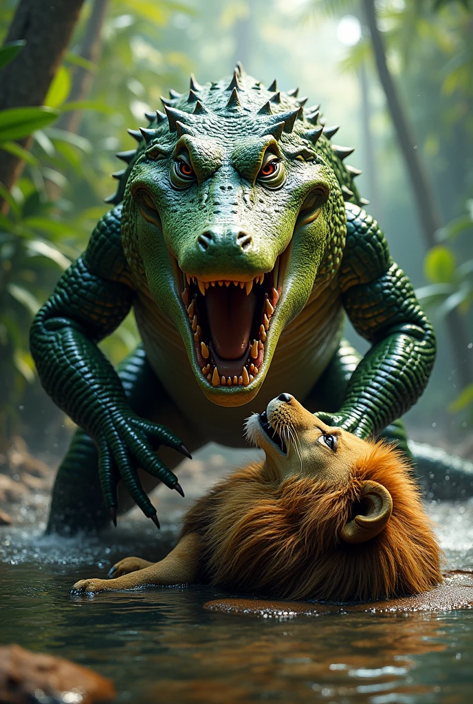 An alligator holding a dead lion in its mouth