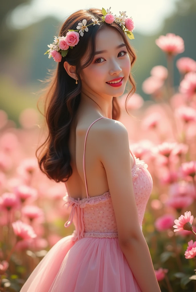 1girl, Korean young girl, light smile, sexy red moist lips,detailed beautiful face, detailed skin texture, dramatic lighting, is standing back view on the flowery garden, beautiful garden with lots of colorful flowers, (standing, back position:1.5), mix4, pastel pink flower crown, wearing pastel pink beautiful dress in fairy tale, sexy looks, lips, open_mouth, realistic, photo_\(medium\), solo, (masterpiece), (realism: 1.3), super detailed, (High detail skin: 1.2), (Best quality: 1.0), (Ultra resolution: 1.0), (ULZZANG-6500: 0.3), light brown medium wavy detail hair, sunshine, (beautiful detail makeup), (sexually aroused blush, heavy breath: 1.0), (soft light bloom: 0.5), (slim muscular body:1.2), navel show, open abdomen, blured background, depth of field, backlighting, Shots with Leica 24mm lens