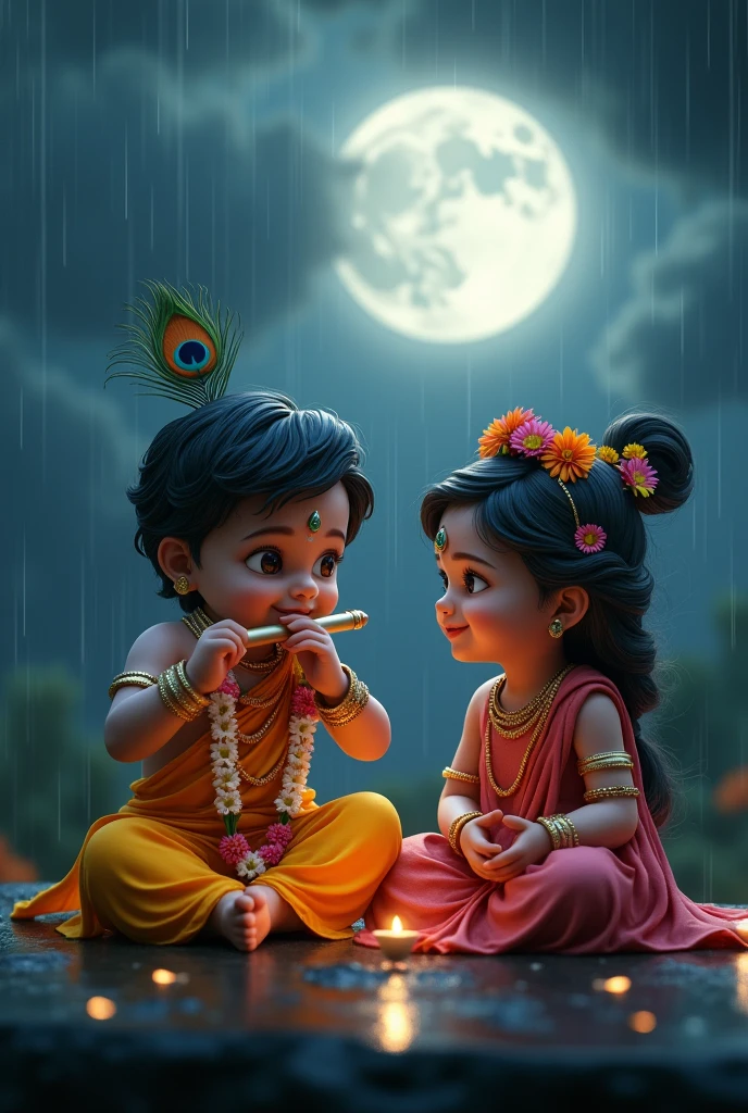 (photorealism:1.2), A 3D render of a medium shot of a cute baby Krishna with a peacock feather in his hair, singing a flute. He is wearing a yellow dhoti and a flower garland. He his with her friend Radha .....sitting 
under the moon light .The background is showing full moon and is filled with dark clouds and rain. The lighting is dramatic, with a bright spotlight on Krishna and a dark background.