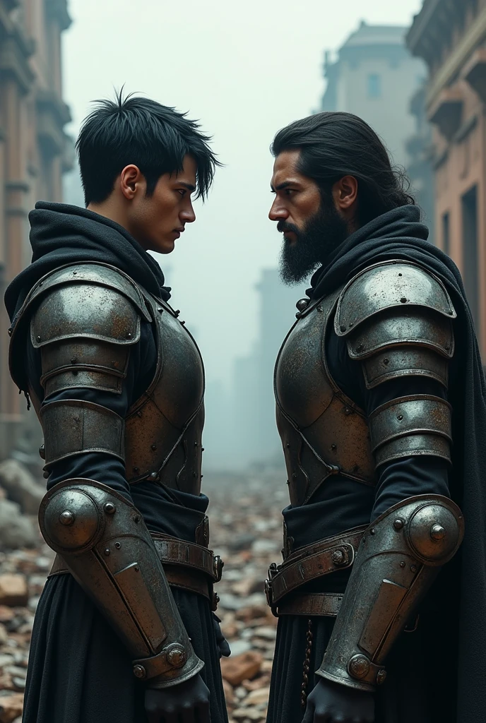 2 man with black hair and dark brown eyes in armor and dark 3d game theme with destroyed background