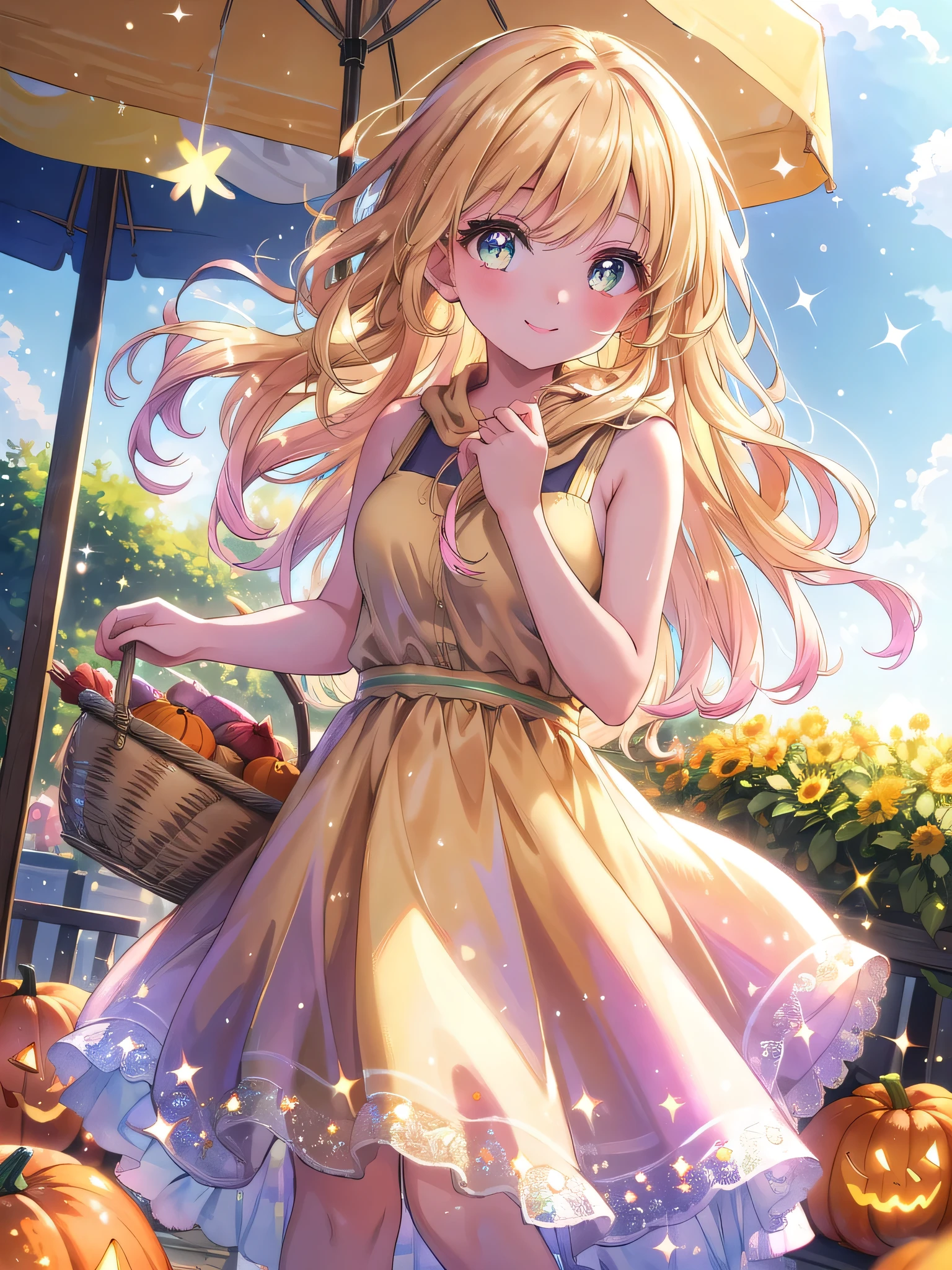 ((8k, Highest quality, masterpiece: 1.3)),Ultra-high resolution,(1 girl, alone), (Color changing eyes, Ultra-detailed, Expressive brilliance, Glitter, Glowing Eyes), Highly detailed eyes, Highly detailed face, Random Hair, ((pastel colour))Breezy Day at the Farmers’ Market: Wearing a simple, sleeveless dress with a light scarf draped around her neck, a woman with wavy blonde hair shops at an outdoor farmers’ market. The stalls are filled with late-summer produce, and a gentle breeze catches the loose strands of her hair. She carries a basket of fresh fruits and vegetables in one hand while the other reaches out to pick up a pumpkin. She turns towards the camera with a warm, inviting smile.