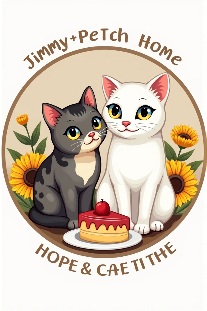 Circle logo design : The cat cafe features one spotted cat and one all-white cat with yellow and blue eyes. , cake ,Sunflowers give a simple, luxurious color to the base color. The shop&#39;s name is Jimmy.&petch home