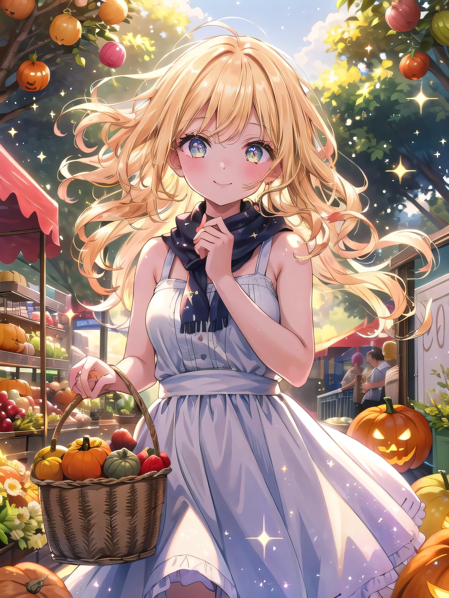 ((8k, Highest quality, masterpiece: 1.3)),Ultra-high resolution,(1 girl, alone), (Color changing eyes, Ultra-detailed, Expressive brilliance, Glitter, Glowing Eyes), Highly detailed eyes, Highly detailed face, Random Hair, ((pastel colour))Breezy Day at the Farmers’ Market: Wearing a simple, sleeveless dress with a light scarf draped around her neck, a woman with wavy blonde hair shops at an outdoor farmers’ market. The stalls are filled with late-summer produce, and a gentle breeze catches the loose strands of her hair. She carries a basket of fresh fruits and vegetables in one hand while the other reaches out to pick up a pumpkin. She turns towards the camera with a warm, inviting smile.