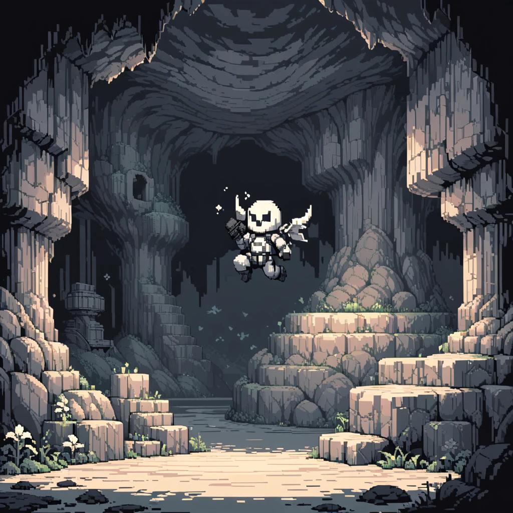 The prompt for generating a Pixel Art could be: "Pixel Art,(best quality, high resolution, detailed),(vintage, Nostalgia) color,8-bit style,Sharp lines and edges,Small Canvas,Blocky pixels,Limited color palette,Low-fidelity graphics,dark color,Iconic pixel characters, Inside the cave, hazy, Undead"