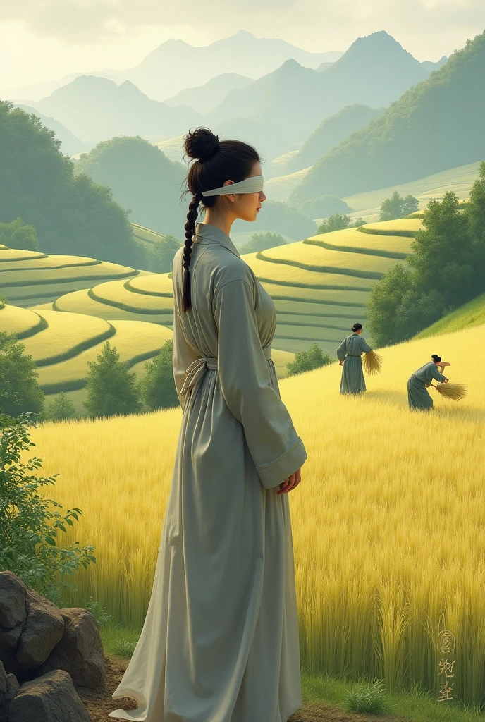 In ancient China, during the Tang Dynasty, a woman wearing a gray dress with a thin white cloth covering her eyes looked at the fields where farmers were harvesting rice. Farmers were carrying the harvested rice on their backs and walking back to the village.