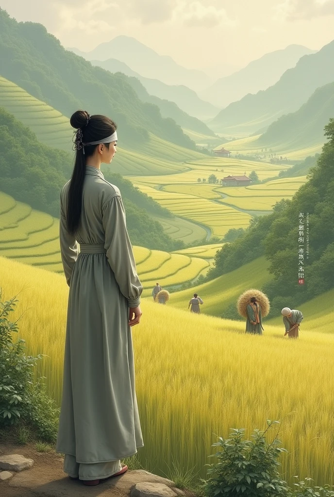 In ancient China, during the Tang Dynasty, a woman wearing a gray dress with a thin white cloth covering her eyes looked at the fields where farmers were harvesting rice. Farmers were carrying the harvested rice on their backs and walking back to the village.