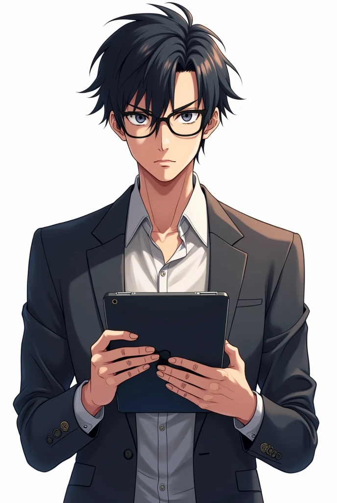 Black hair male teacher, black eyes, wearing glasses, holding an iPad, anime image, white background