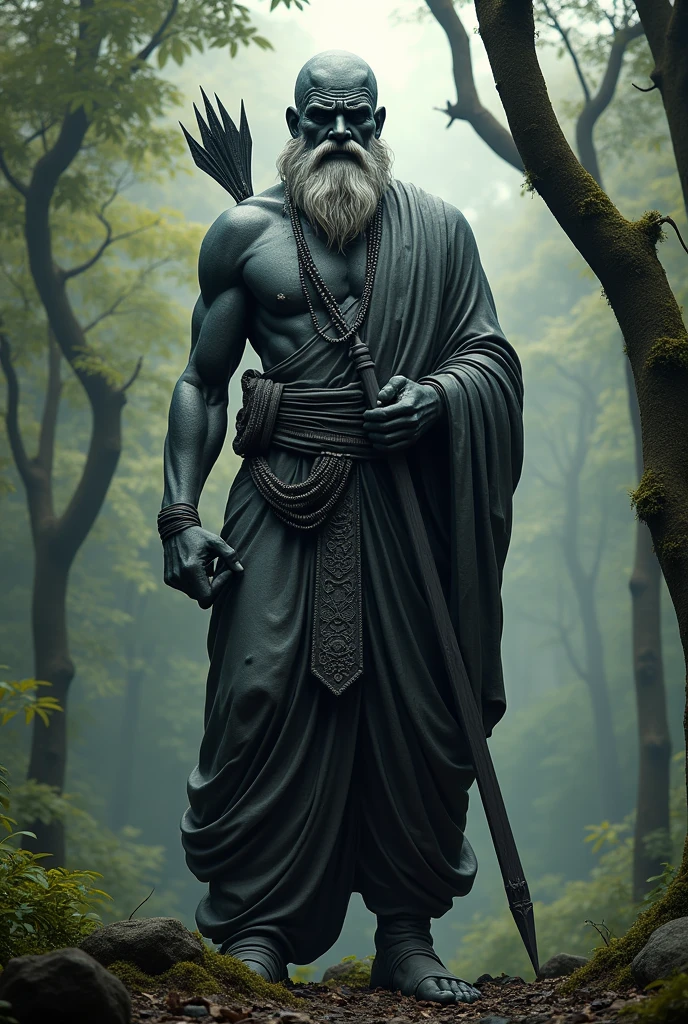 10 feet statue of guru Dhronacharya in a forest with bow and arrow in mythological theme with oldman skin of 60 years with average unfit body in front angle in a staue colour with black colour of statue expand the image and background