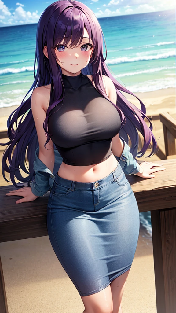 masterpiece, best quality, high detail, beautiful woman, solo focus, long wavy hair, purple hair, large bust, (gray denim jacket), (black maxi pencil skirt), tight skirt, purple, midriff, navel, wide hips, looking at viewer, lower body, full-face blush, smile, beach, summer, cloudy sky, sun, sweaty, very sweaty, ocean waves,
