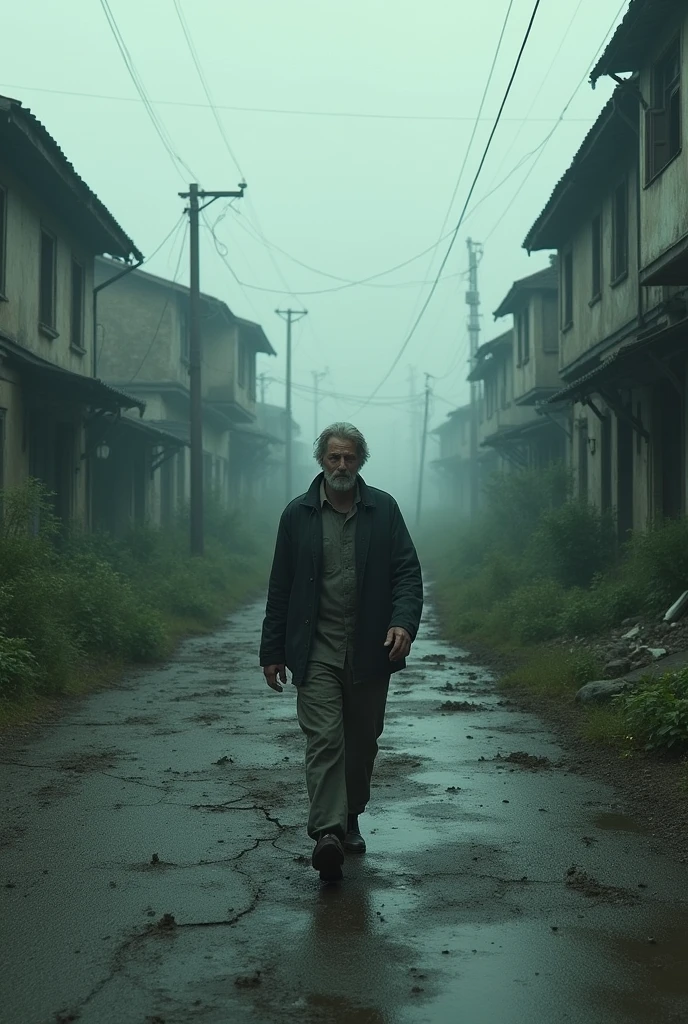 Man arriving in abandoned city with houses