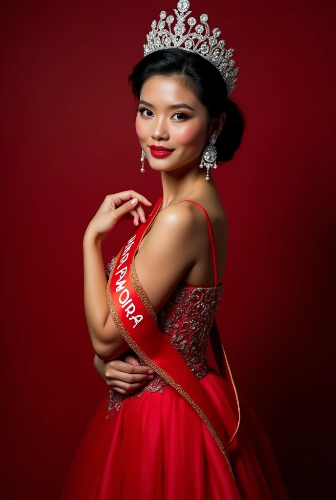 Create a glam shoot of Miss Supranational Indonesia with crown and sash in red gown