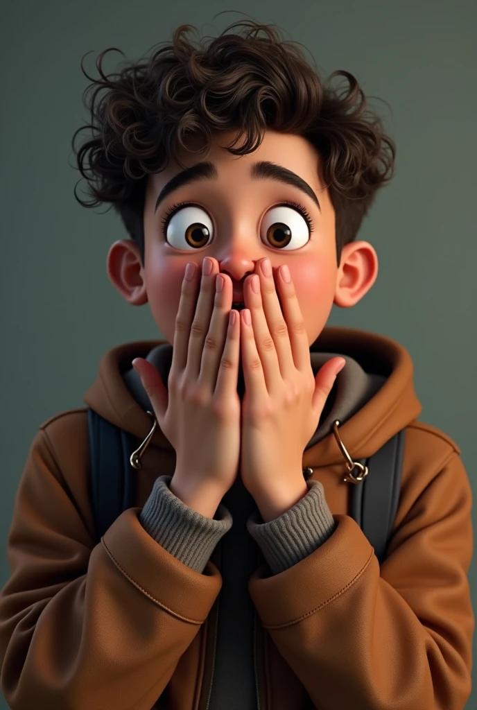 It features a young man with a surprised expression on his face, covering his mouth with his hands. He is wearing a brown jacket and has curly hair.