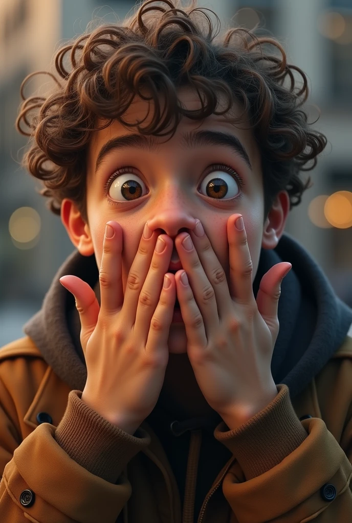 It features a young man with a surprised expression on his face, covering his mouth with his hands. He is wearing a brown jacket and has curly hair.