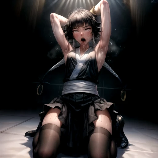 (masterpiece), (best quality), (beautiful eyes and face), (perfect female body), (shiny skin),
looking at viewer,
1girl, solo, sui-feng, black hair, short hair, short hair with long locks, grey eyes,
small breasts,
black kimono, sleeveless, white sash, black hakama skirt, (long skirt:1.2),
smile,
sitting, indian style,
tatami, Japanese Clothing, full body, kneeling,(muscle 1.4),- Hip vents, Perfect body proportions,No underwear,short hair, Small Breasts, No eyeballs, Also available in black, low twin braids,Facing the audience, looking at the audience, tired, from below, (Exposed armpit:1.1), ((armpit:1.2)), Sweating, More and more sweat,(ahegao), (Roll your eyes), open mouth, Sticking out tongue, saliva, Slobber,Skinny, raise arms, (arms above head:1.5), runny nose, drooling.