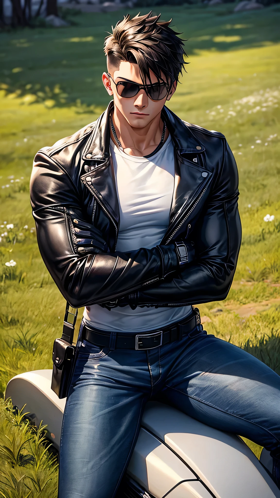 A muscular young man , wearing a white round-neck shirt and a black leather jacket over it, wearing blue jeans, black motorcycle gloves, a black belt, and black combat boots and a holster strap for a handgun on his thigh , sleeping arms crossed, on a meadow . Anime.