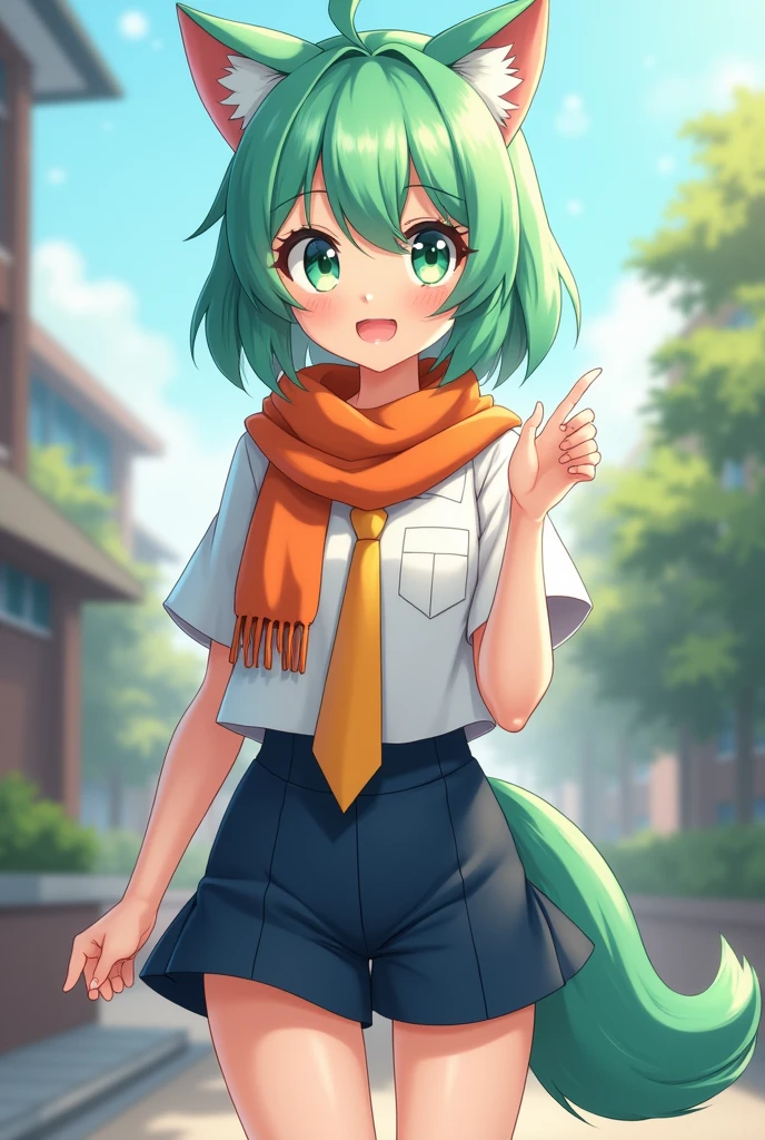 A 1 high school girl with mint green short hair and adorable mint green wolf ears. She has large, heart-shaped green eyes that radiate friendliness and cuteness. Dressed in a school uniform, she wears a crisp white shirt and dark blue shorts, complemented by an orange scarf and matching orange necktie. Her mint green wolf tail adds a whimsical touch to her appearance. Her friendly expression reflects her disciplined nature, showcasing her positive attitude and vibrant personality."