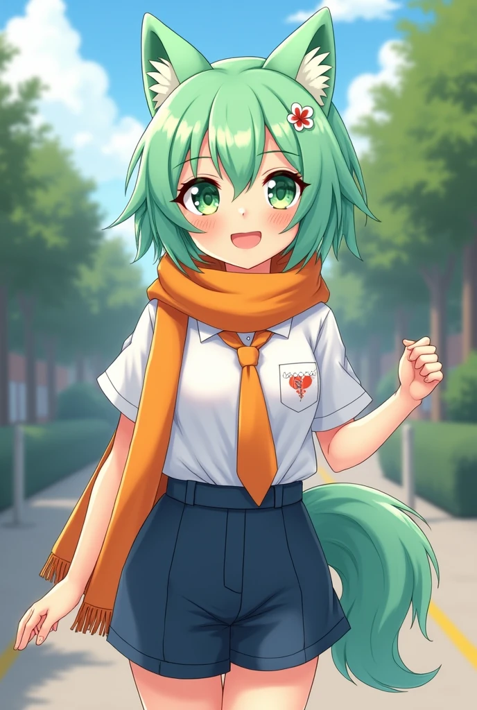 A 1 high school girl with mint green short hair and adorable mint green wolf ears. She has large, heart-shaped green eyes that radiate friendliness and cuteness. Dressed in a school uniform, she wears a crisp white shirt and dark blue shorts, complemented by an orange scarf and matching orange necktie. Her mint green wolf tail adds a whimsical touch to her appearance. Her friendly expression reflects her disciplined nature, showcasing her positive attitude and vibrant personality."