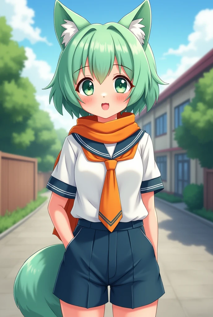 A 1 high school girl with mint green short hair and adorable mint green wolf ears. She has large, heart-shaped green eyes that radiate friendliness and cuteness. Dressed in a school uniform, she wears a crisp white shirt and dark blue shorts, complemented by an orange scarf and matching orange necktie. Her mint green wolf tail adds a whimsical touch to her appearance. Her friendly expression reflects her disciplined nature, showcasing her positive attitude and vibrant personality."