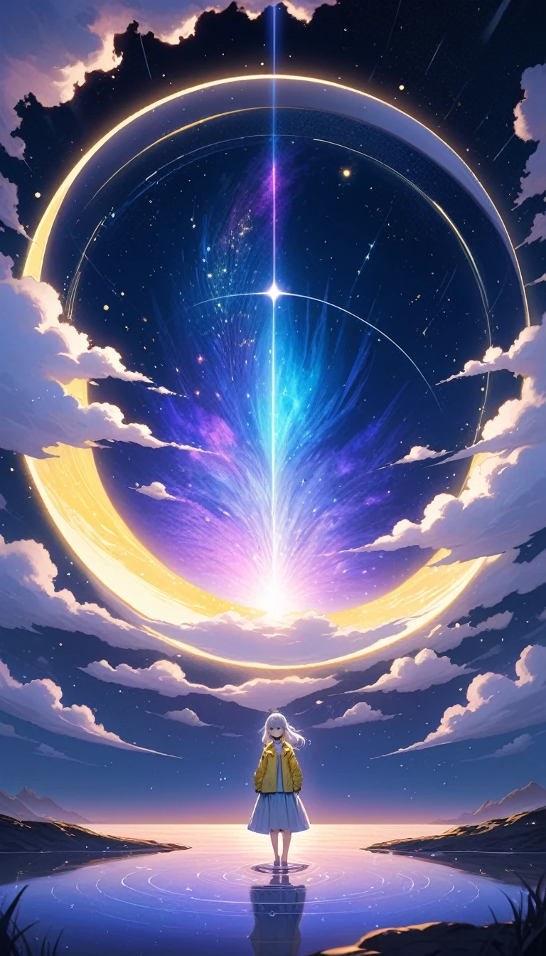 standing in front of a lake with Create a full background with a space theme, primarily in purple and white colors. The background should feature glowing stars, constellations, and comets scattered across the sky. Include a large, ringed planet in the lower left corner, with smaller planets and star-shaped accents throughout the scene. Add subtle nebula clouds and a gradient from dark purple to lighter shades, creating depth and a sense of vast space., Silver bob hair with golden inner color and blue eyes、Plain yellow jacket and white T-shirt、A cute character wearing light denim。There is a yellow hairpin in her hair.、smile。Light up your face in a dimly lit atmosphere。Emotional atmosphere。