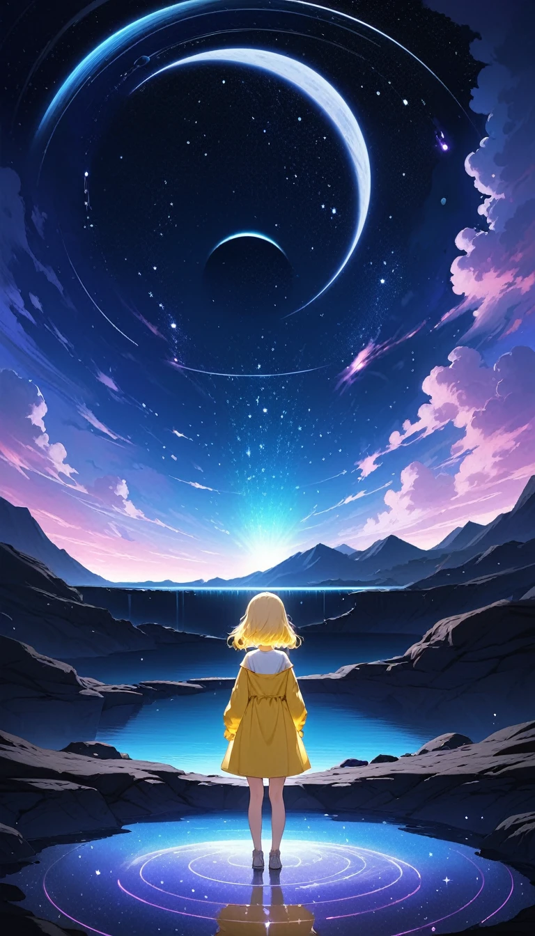 standing in front of a lake with Create a full background with a space theme, primarily in purple and white colors. The background should feature glowing stars, constellations, and comets scattered across the sky. Include a large, ringed planet in the lower left corner, with smaller planets and star-shaped accents throughout the scene. Add subtle nebula clouds and a gradient from dark purple to lighter shades, creating depth and a sense of vast space., Silver bob hair with golden inner color and blue eyes、Plain yellow jacket and white T-shirt、A cute character wearing light denim。There is a yellow hairpin in her hair.、smile。Light up your face in a dimly lit atmosphere。Emotional atmosphere。