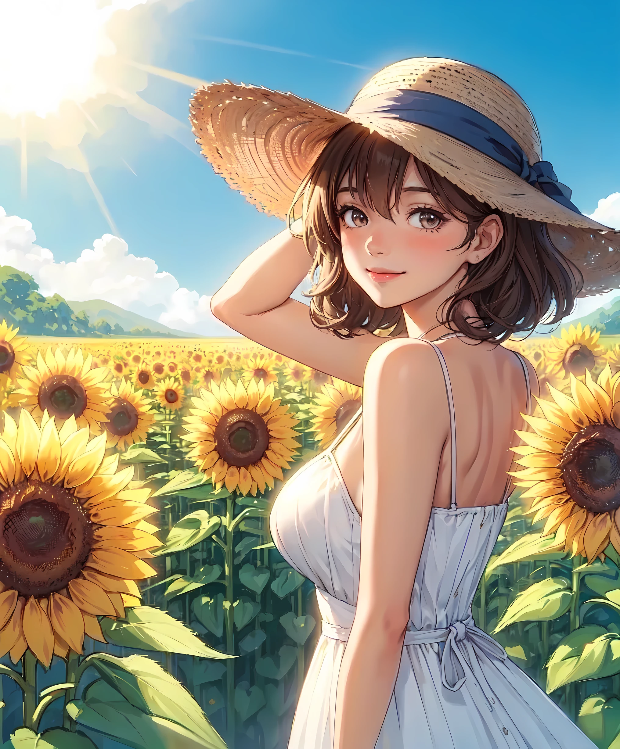 1lady solo, (looking back) (from behind), stylish outfit (refreshing attire), (sundress) (straw hat), (mature female:0.8), /(brown hair/) bangs, blush kind smile, (masterpiece best quality:1.2) delicate illustration ultra-detailed, large breasts BREAK (vibrant sunflower field) outdoors, blue sky, sunlight, detailed background