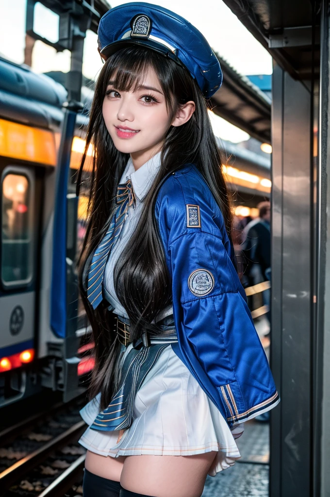 ultra-detailed、(8k、Highest quality、masterpiece:1.2)、(Realism、Realistic:1.37)、Ultra-high resolution、detailed face、(Highest quality)、(masterpiece)、1girl,Diesel,long black hair,blunt bangs,wearing Diesel's wear, railroad worker's cap,jacket,blouse,necktie,miniskirt,black high socks,slender body,diamond face,heart shaped face, Kind eyes, lowered eyebrows, natural makeup,happy smile:1.3,soft smile:1.5,standing, floating hair, touch hair,train station of future,