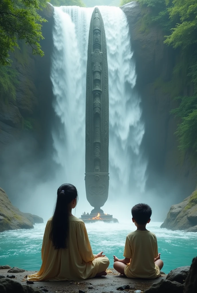 A girl and boy both siting in mahadev shivling and prayer with plece in water fall around
