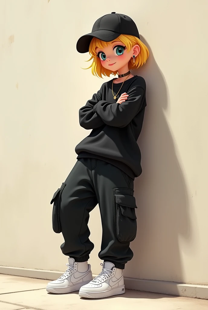 cartoon 2d drip, blond, in black cargo pants, black cap back, Black long-sleeved shirt, Air Force Sneakers White, simple earrings, very loose clothes, gold cord, with arms crossed, leaning against a wall without many details, etc.