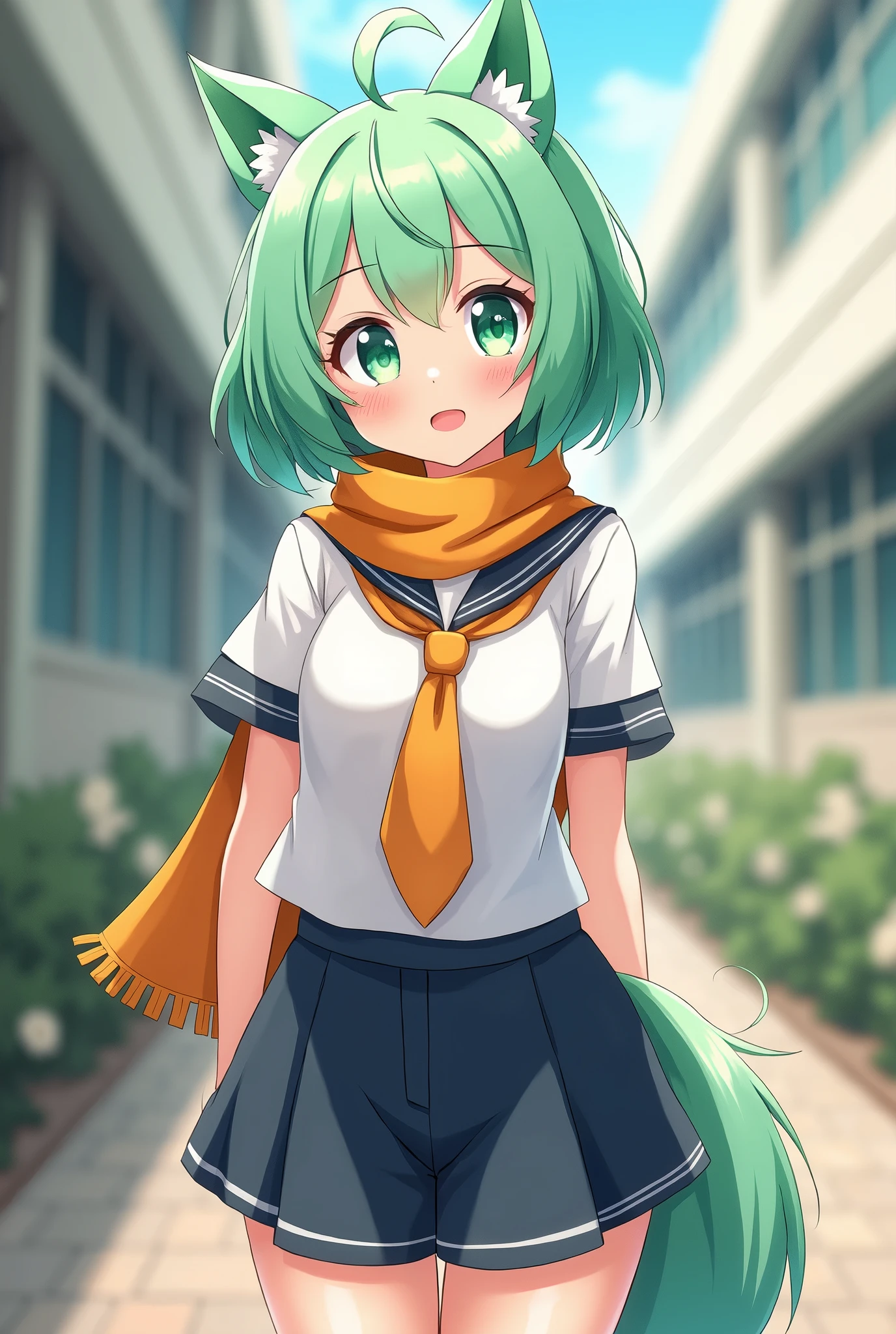 A 1 high school girl with mint green short hair and adorable mint green wolf ears. She has large, heart-shaped green eyes that radiate friendliness and cuteness. Dressed in a school uniform, she wears a crisp white shirt and dark blue shorts, complemented by an orange scarf and matching orange necktie. Her mint green wolf tail adds a whimsical touch to her appearance. Her friendly expression reflects her disciplined nature, showcasing her positive attitude and vibrant personality."