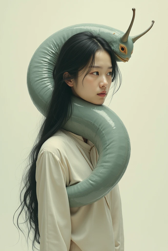 Draw a black-haired Asian girl about , with the body of the slug below the neck and the head of the black-haired Asian girl. The slug's slime will be left where the slug's body passes.