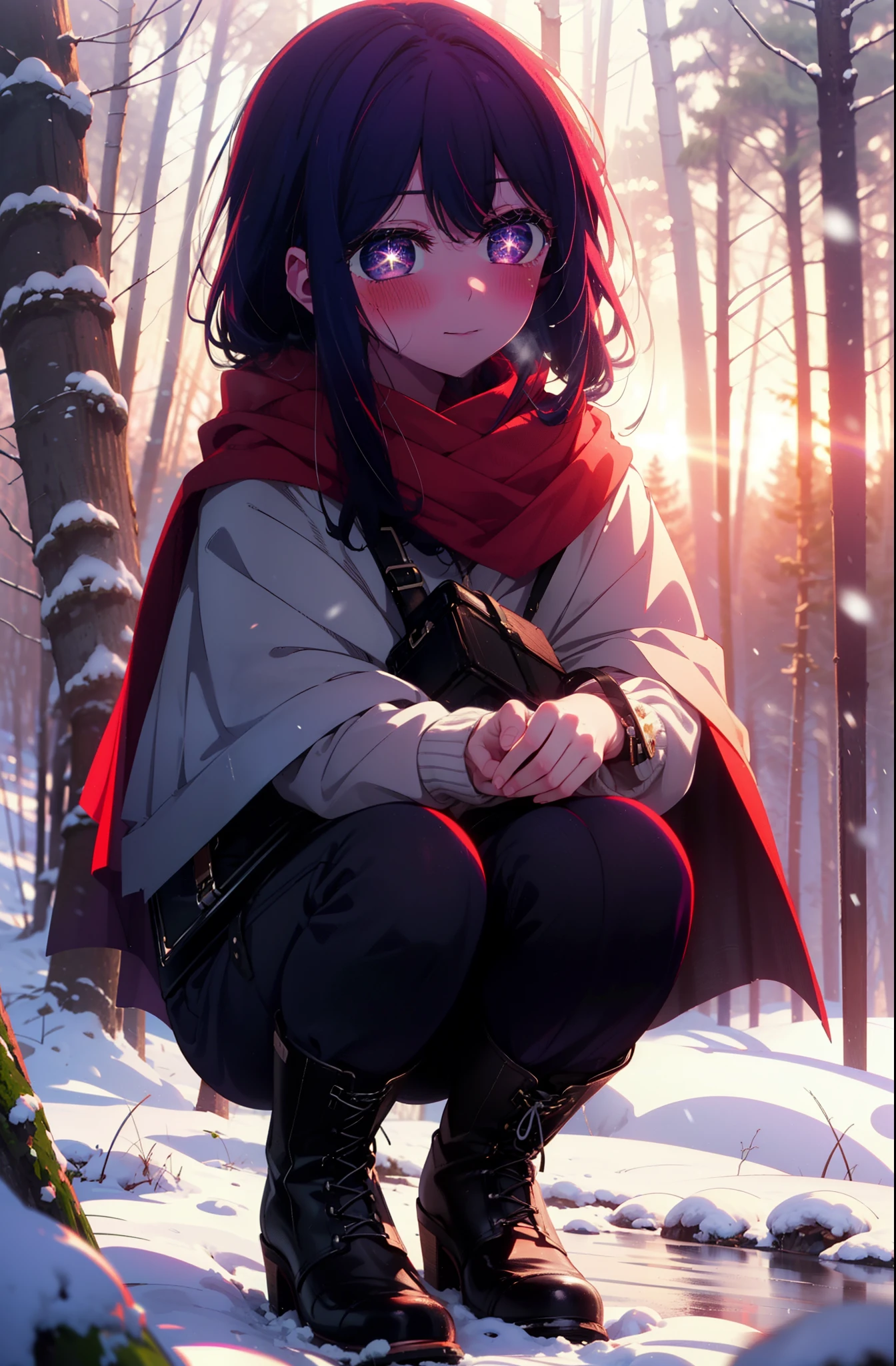 aihoshino, Ai Hoshino, Long Hair, bangs, (Purple eyes:1.1), Purple Hair, (Symbol-shaped pupil:1.5), smile,,smile,blush,white breath,
Open your mouth,snow,Ground bonfire, Outdoor, boots, snowing, From the side, wood, suitcase, Cape, Blurred, , forest, White handbag, nature, Squat, Mouth closed, Cape, winter, Written boundary depth, Black shoes, red Cape break looking at viewer, Upper Body, whole body, break Outdoor, forest, nature, break (masterpiece:1.2), Highest quality, High resolution, unity 8k wallpaper, (shape:0.8), (Beautiful and beautiful eyes:1.6), Highly detailed face, Perfect lighting, Extremely detailed CG, (Perfect hands, Perfect ???????),