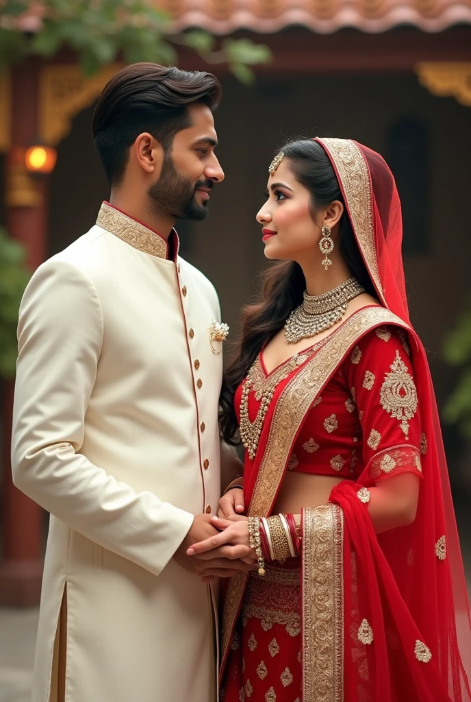 A slim fit guy wearing a white sherwani with buttons closed till the top and white dhoti underneath and looks neat and has a sahera too and has thin shaved beard and short hair also and is standing next to his girl holding her hand who is wearing a red and gold combination wedding lehenga and jeweleries and make up too