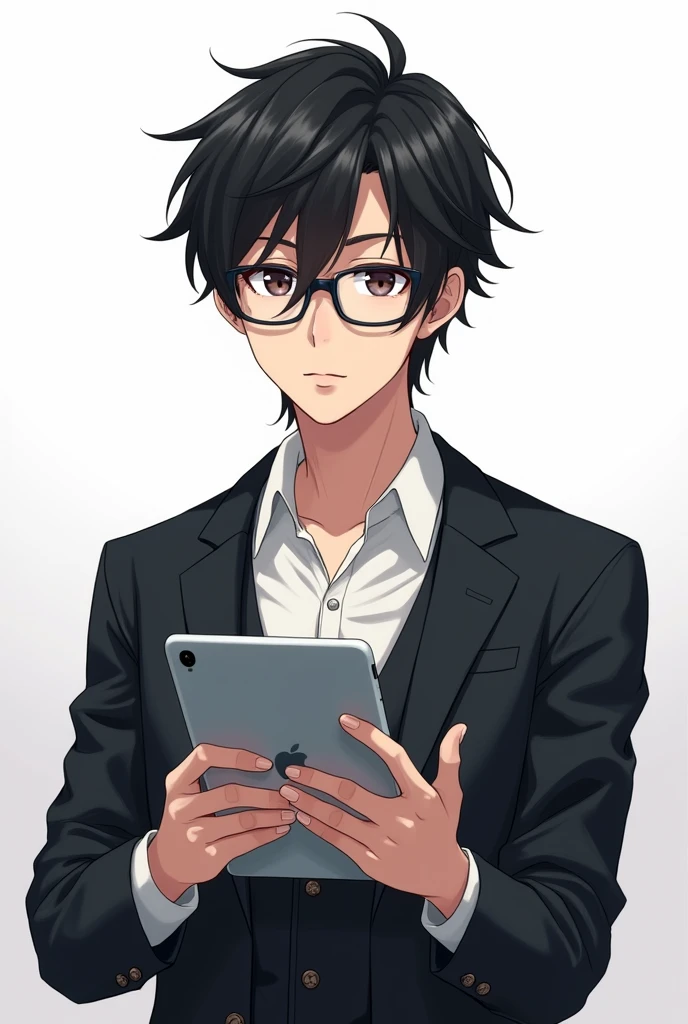 Black hair male teacher, black eyes, wearing glasses, holding an iPad, anime image, white background